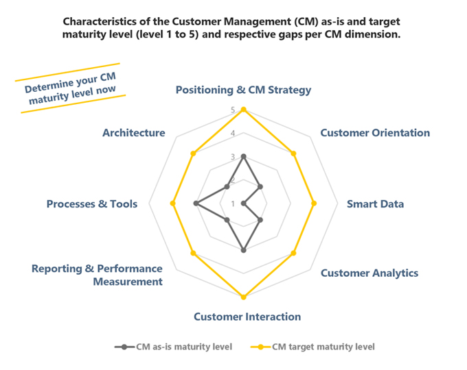 Infographic illustrating the BCM. maturity model for evaluating existing Customer Management.