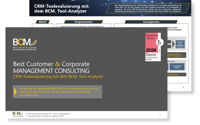 BCM. Onepager Cover: CRM Toolevaluierung