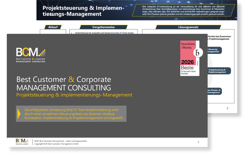 BCM. Onepager Cover: Projektsteuerung und Implementierung