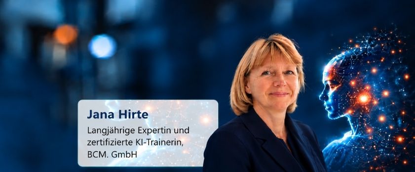 „Jana Hirte vor dunkelblauem Hintergrund, neben ihr ein digitaler KI-Kopf."